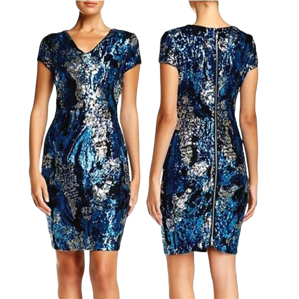 Nwot Alexia Admor Blue/Silver Cap Sleeve,V-Neck Zip Back Cocktail Dress